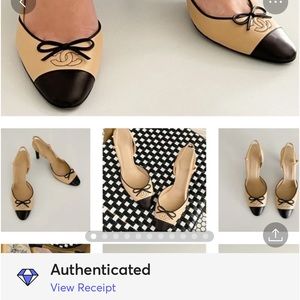 CHANEL CC Bow Beige & Black Goatskin grosgrain Leather Slingbacks Heels